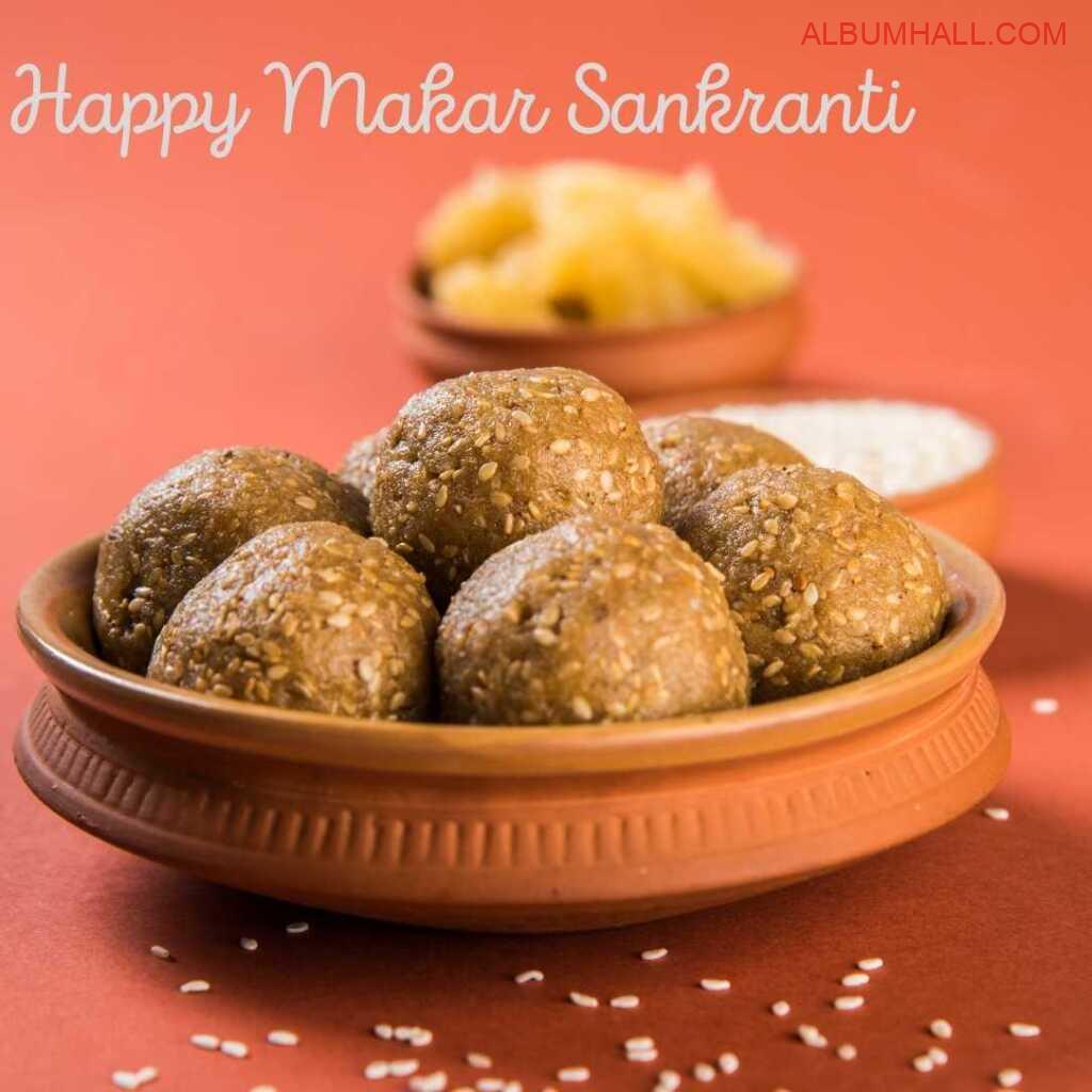 Brown wide Matka filled with Sankrant ladoos on table