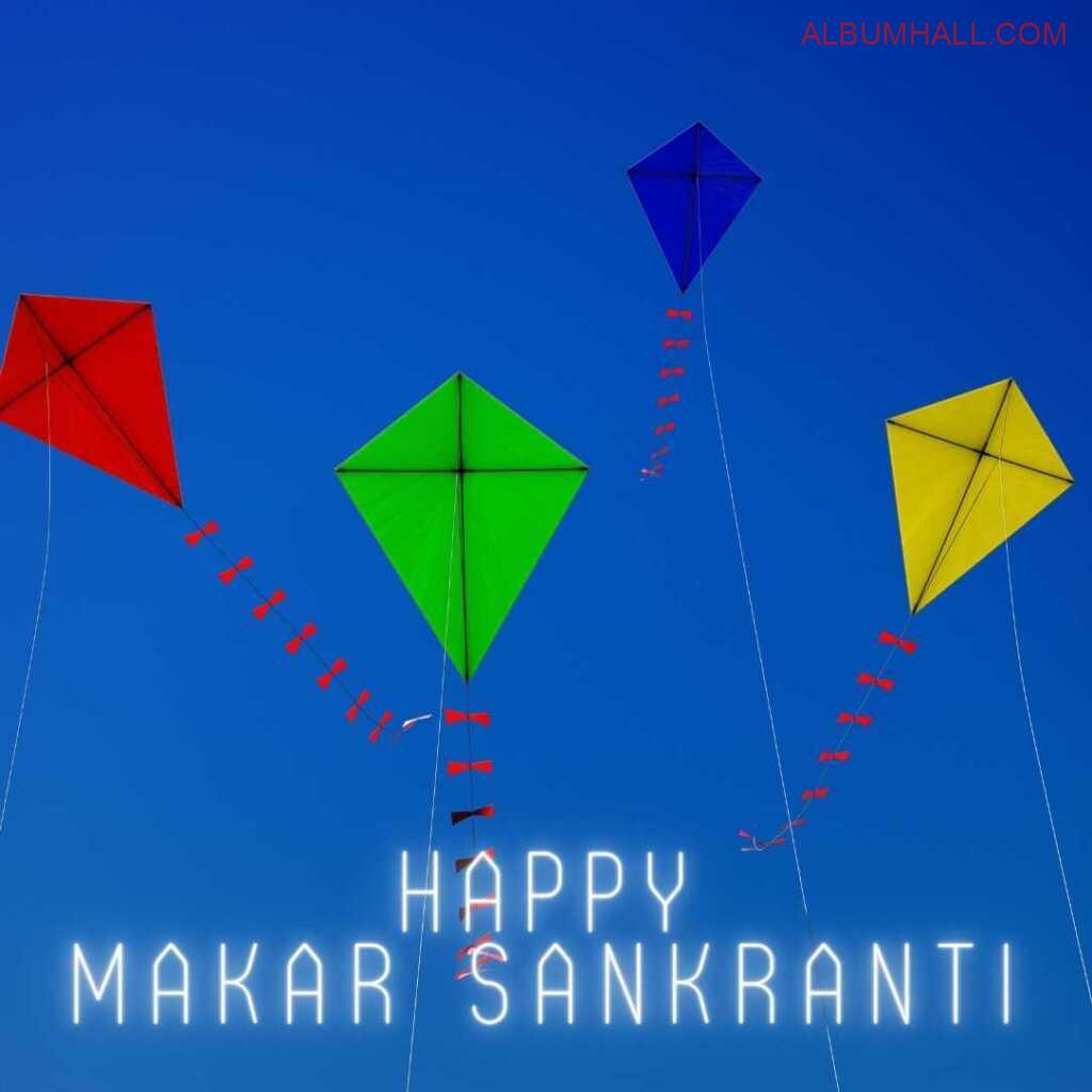 Four kites with red tail flying in the clear blue color sky