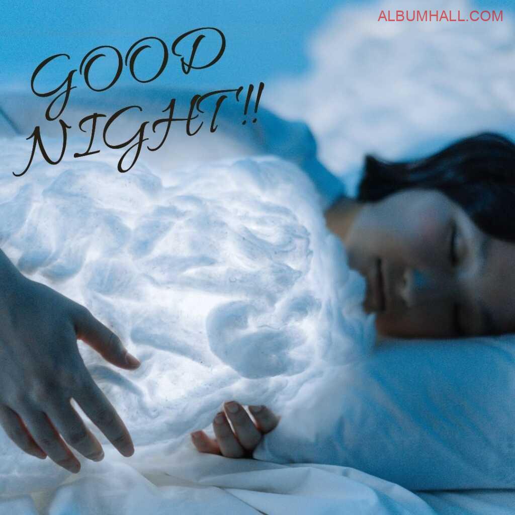 Girl hugging glowing cotton pillow and having the tight night sleep