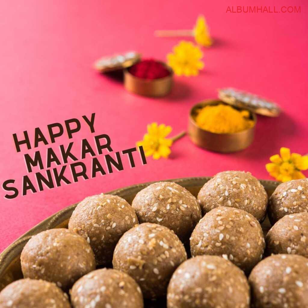 Sankrant special items like matka, ladoo colors and flowers on a decorated table