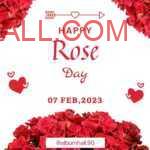 Happy Rose Day note on white paper with dark pink roses lying at bottom and upper left and upper right corner with two little hearts