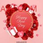 Red Roses circled around with gifts, bubbles and hearts with "Happy Rose Day" note written on circular big paper