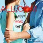 Couple in blue dress holding red rose and close to each other trying to wish rose day