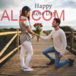 man with white sweatshirt on knees offering bouquet of red roses to surprise his girlfriend in white grey dress on lakeside bridge wishing Rose Day to each other