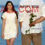 Man in white clothes hiding red rose on his back moving towards his girlfriend on beach to wish her happy rose day