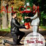 man with black jacket on knees offering bouquet of red roses to surprise his girlfriend in white black check suit on Rose Day
