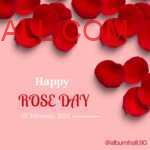 Red Rose petals lying on pink color table with Rose Day note