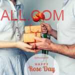 Man holding bunch of orange roses and couple of gift boxes to his girlfriend to wish each other Happy Rose Day