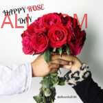 a Couple hands holding bouquet of pink white roses to wish each other Happy Rose Day