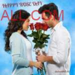 Couple holding red roses bouquet and gazing each other trying to wish rose day