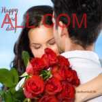 Couple hugging each other to wish rose day to each other with girl holding red roses bouquet in her hand