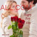 Couple looking into each other eyes and in dancing position together with a bouquet of red roses towards Camera to celebrate Rose Day
