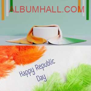 Tricolor two bars, hat with tricolor cloth kept around and tricolor feathers with republic day wishes