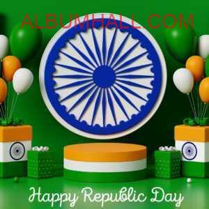 Indian Ashoka Chakra and tricolor round shaped flag kept against green wall with tricolor balloons and gift boxes on republic day