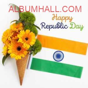 Ice cream cone with yellow flowers kept with Indian tricolor flag on republic day
