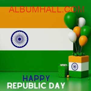 Indian tricolor flag kept on green wall with tricolor balloons and gift boxes on republic day