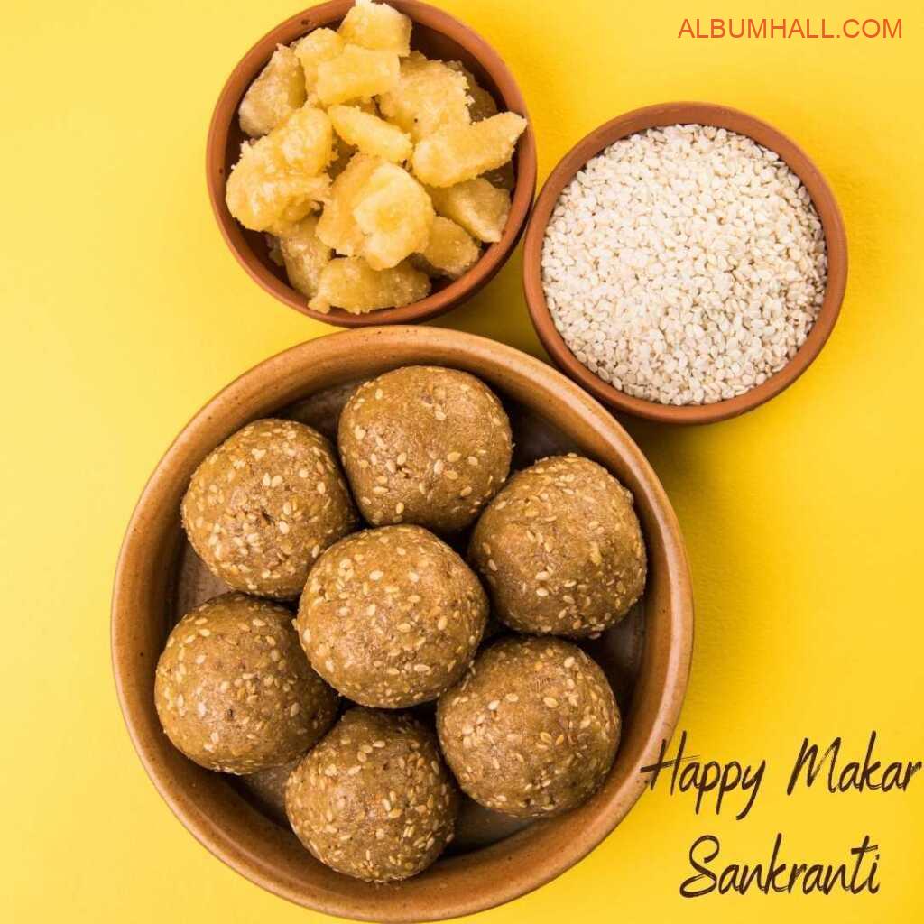 Sankrant special items like matka, ladoo and jaggery on a decorated yellow table