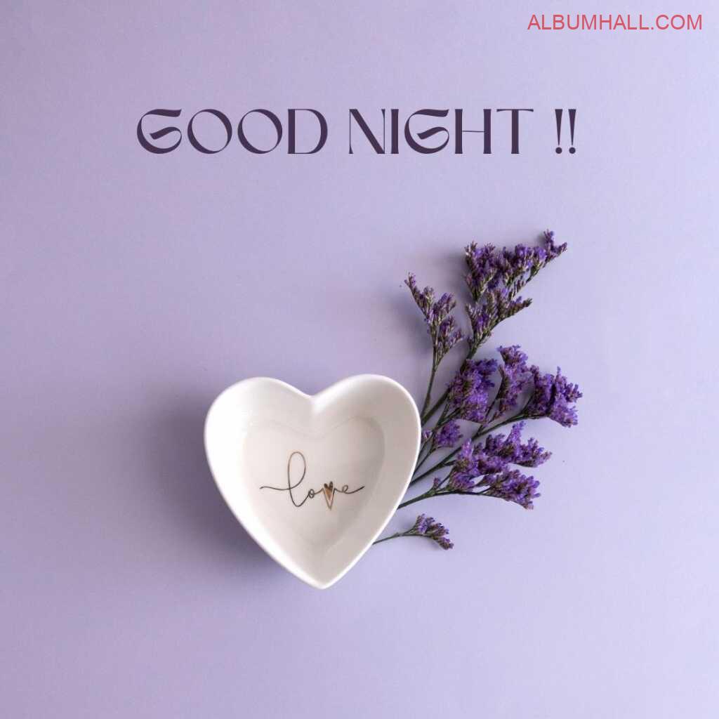 LOVE word written on white color bowl with small bunch of purple flowers lying on table to wish good night to the loved ones