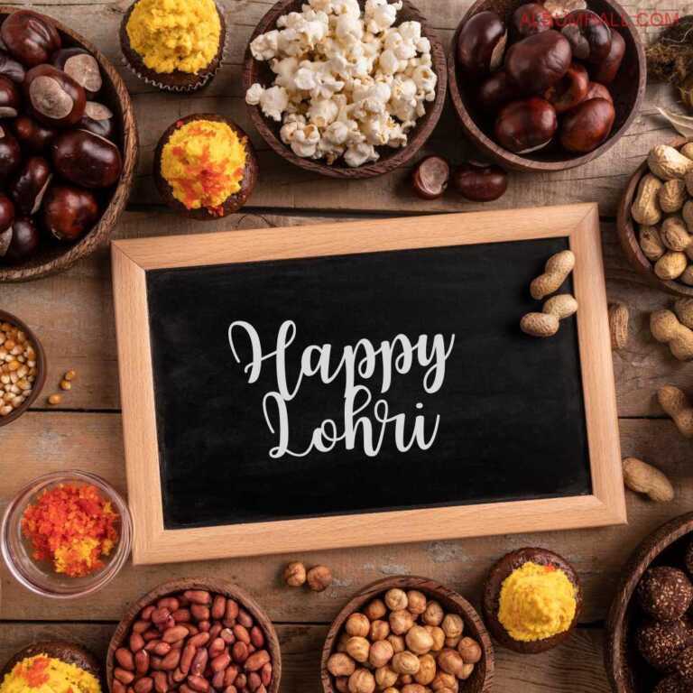 Happy Lohri note on a black board with different lohri special sweets and preparation material around on table