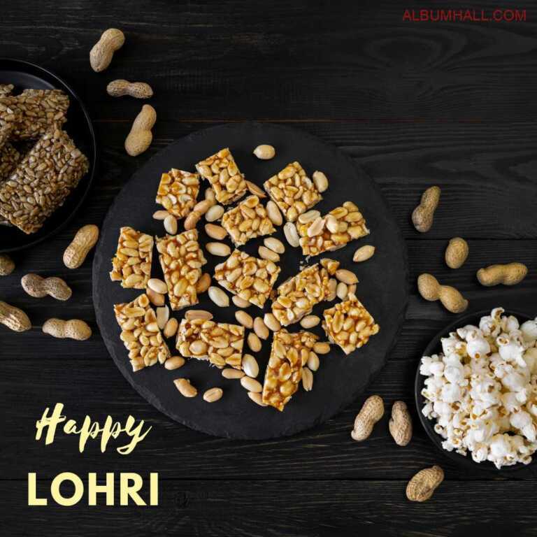 Different kind of Lohri sweets & popcorn in bowl and plate lying on a table