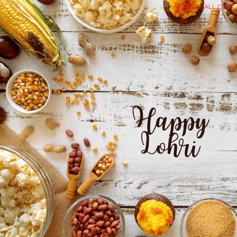 Lohri special preparation material, corns, popcorn and cupcakes lying around on semi painted table