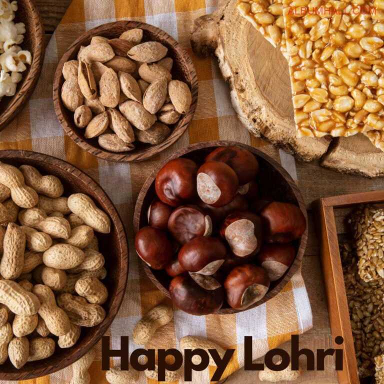 Lohri popcorns, peanuts, sweets and raw almonds in bowls lying on table with multicolored table cloth