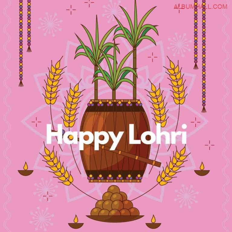 Happy Lohri note on the poster showing green crop, corns, diyas and ladoo tray with some hangings for decoration