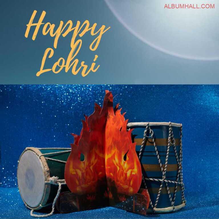 Two dholak one vertical and another horizontal kept together with prop of fire flame to symbolize Lohri festival