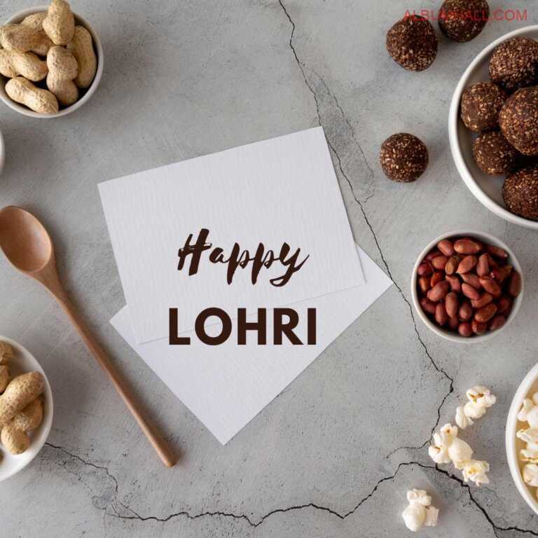 Happy Lohri note written on white paper lying on a white crack table with popcorns, peanuts, ladoos in bowl and few lying around on table and wooden spoon