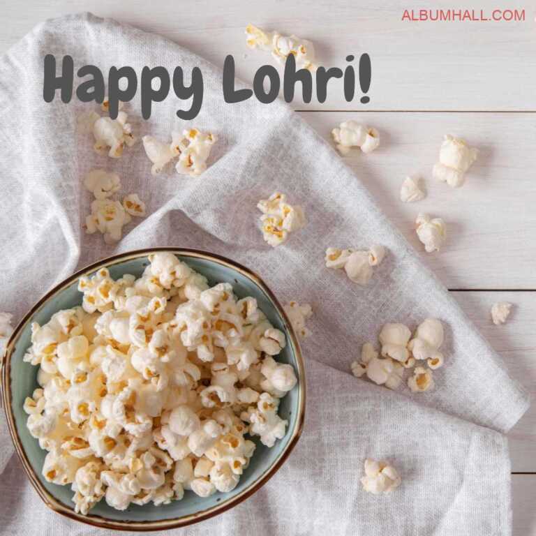 Popcorn bowl kept on white table cloth and few lying around to wish lohri