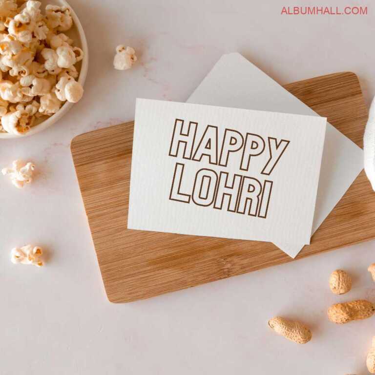 Happy Lohri note written on white paper lying on a light brown table with popcorn in bowl and few lying around on table