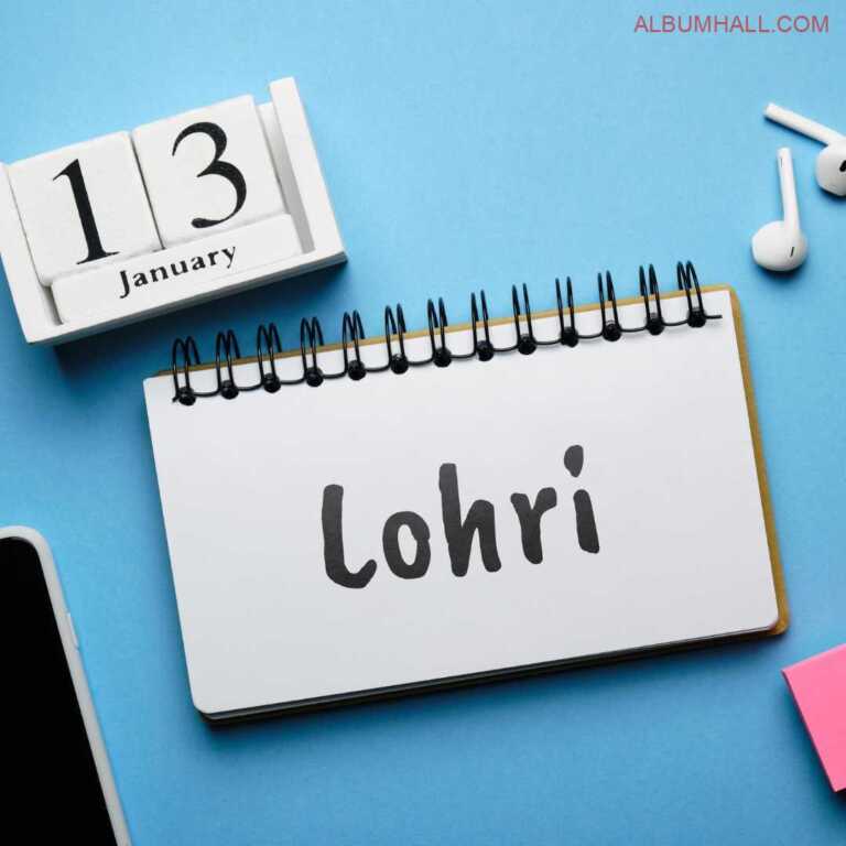 White spiral note book page saying Lohri with 13 January calender and ear pods around on a blue color table