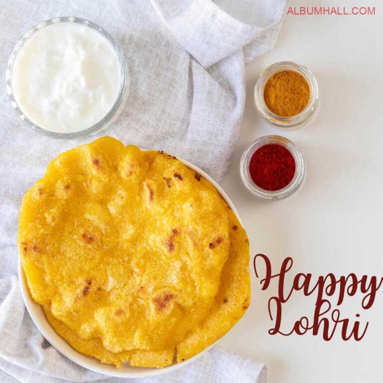 Makki ki roti with curd and color on white table for dinner during Lohri festival
