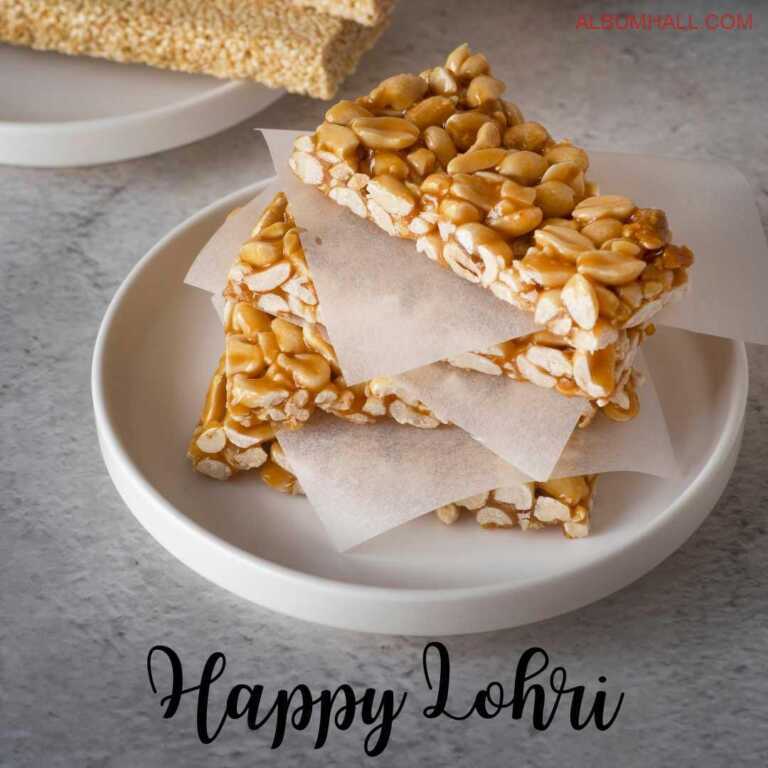 Lohri special two types of peanut and jaggery sweets kept on on another with butter paper in between on a white circular plate