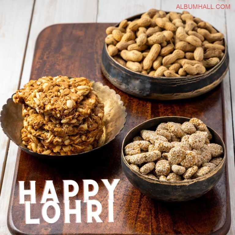 Different kind of Lohri sweets kept in three different bowls lying on a brown table