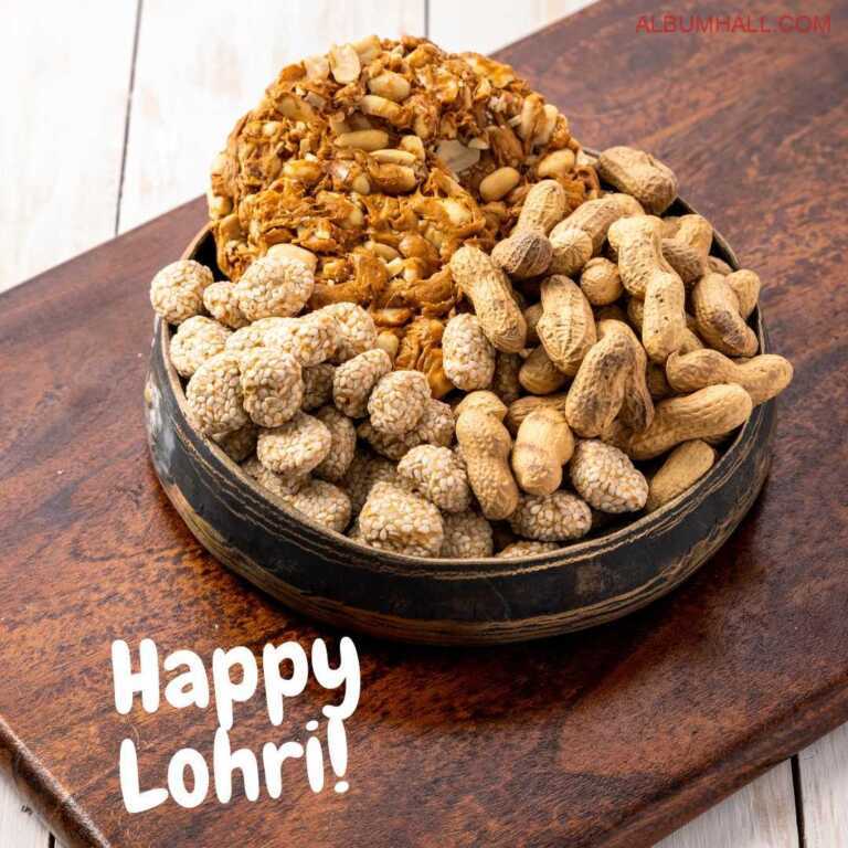 Different kind of Lohri sweets kept together in a bowl lying on a brown color table