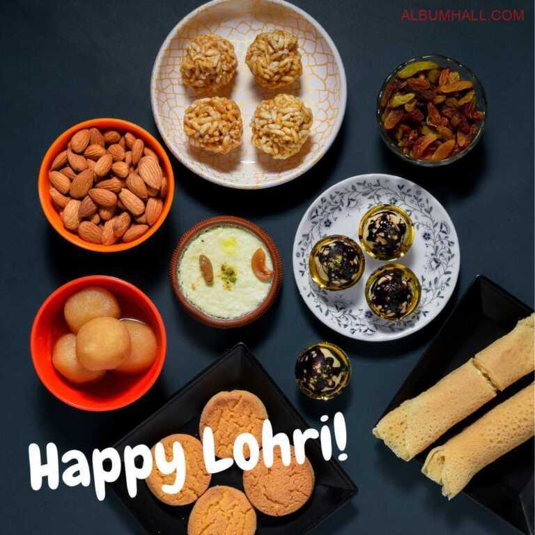 Different kind of Lohri sweets lying on a table with some biscuits, gulabjamun, brownies and dosa