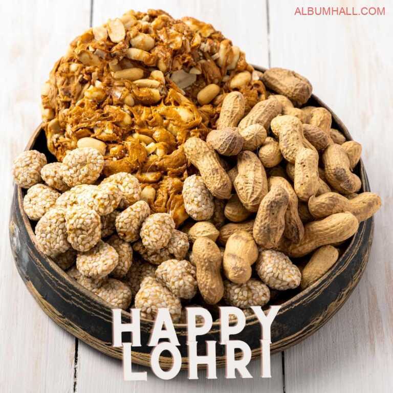 Different kind of Lohri sweets kept together in a bowl lying on a table