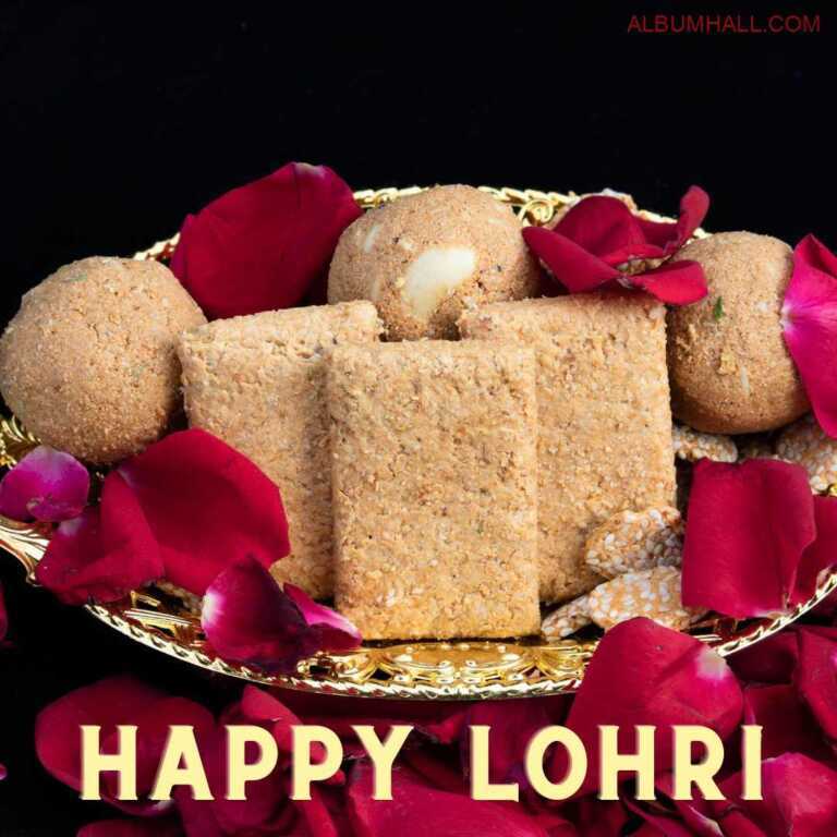 jaggery gajak and ladoos lying on plate decorated on Lohri festival with red roses petals