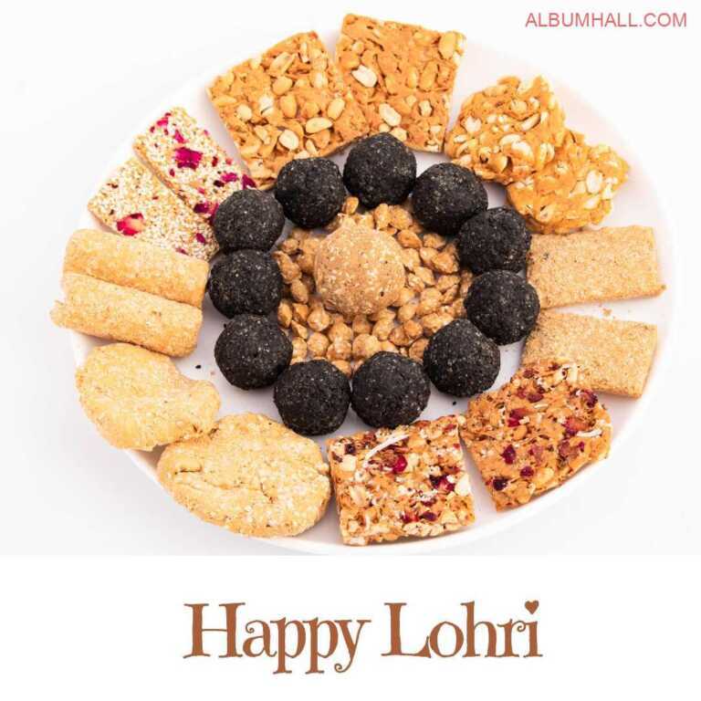 Different kind of Lohri sweets in cirle shape three layers lying on a table