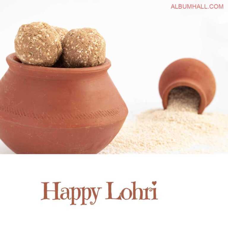 Lohri laddoos kept in a brwon matka and sesame seeds flowing out of another matka on a table