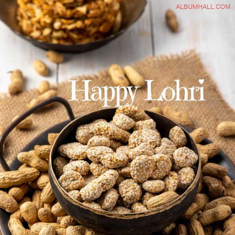 jaggery sweets and peanuts in a bowl lying on table for celebrating lohri