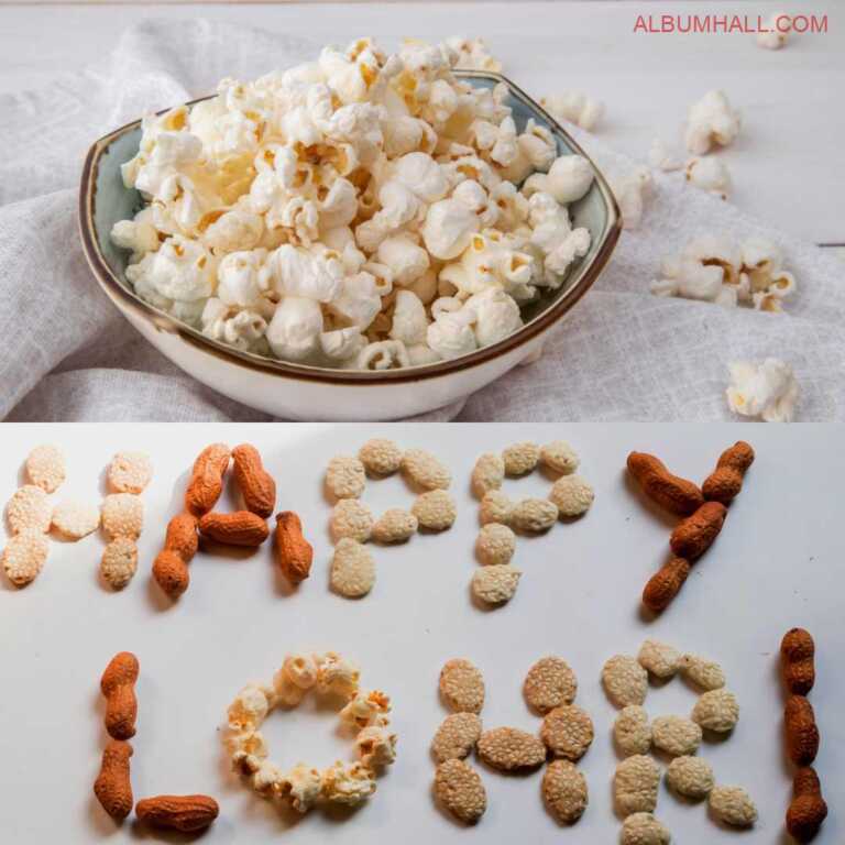 Popcorn in a bowl lying on table with happy lohri written from dry fruits
