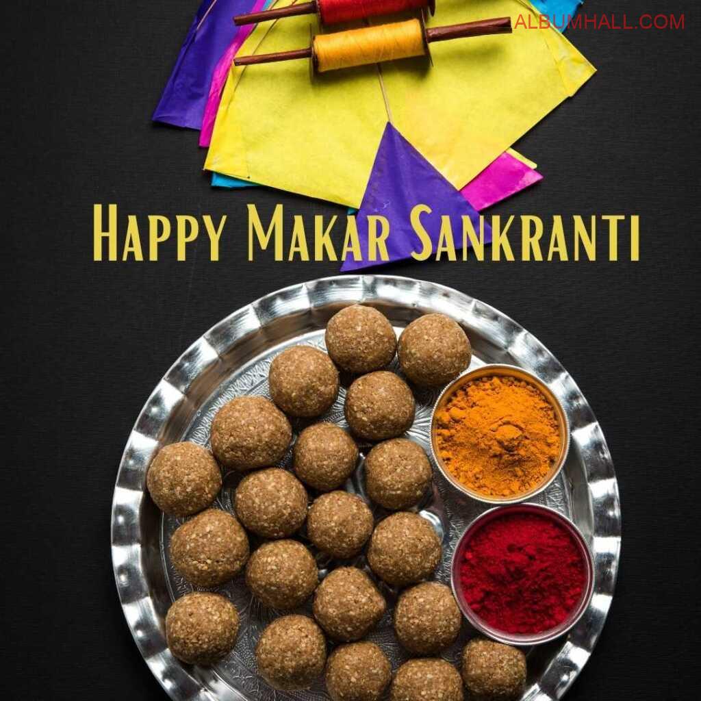 Makar sankranti special plate with till ladoos, yellow and red colors and kites