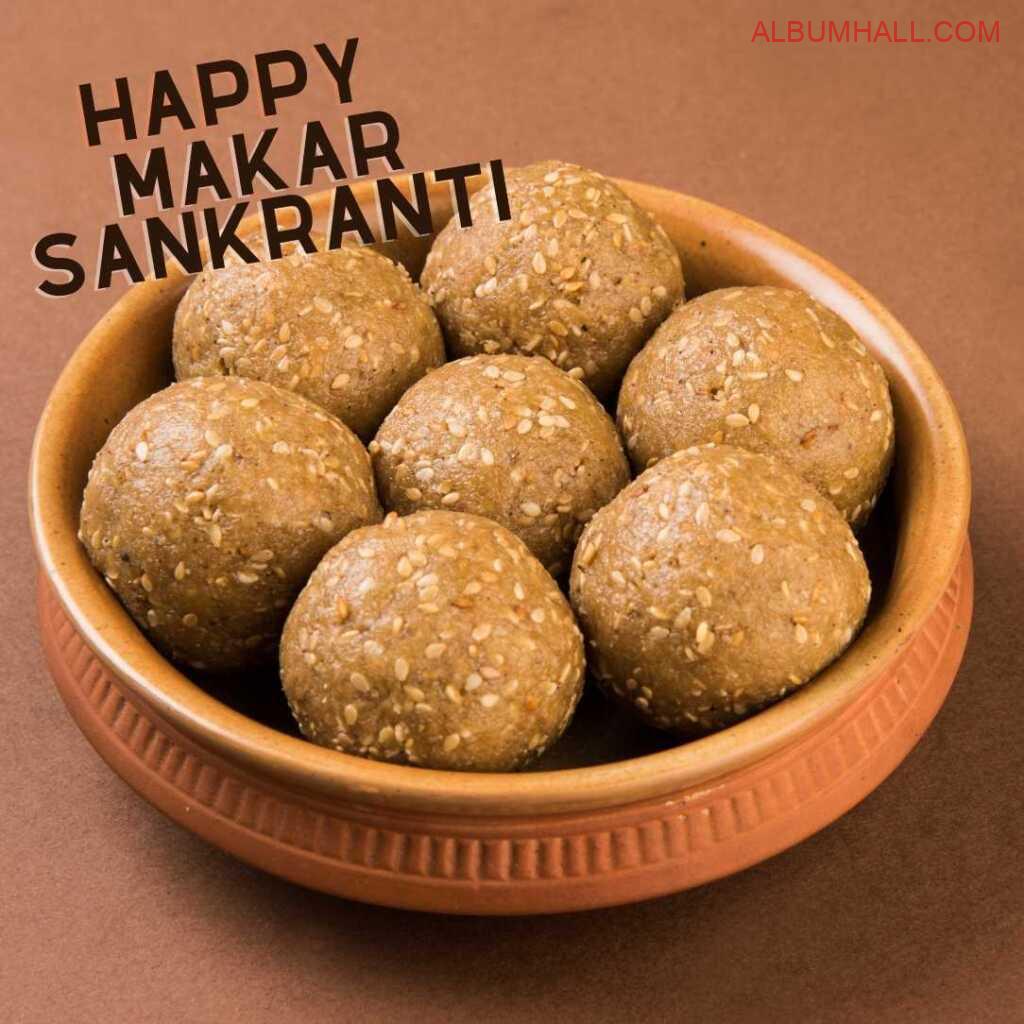 Matka filled with Sankrant ladoos on table