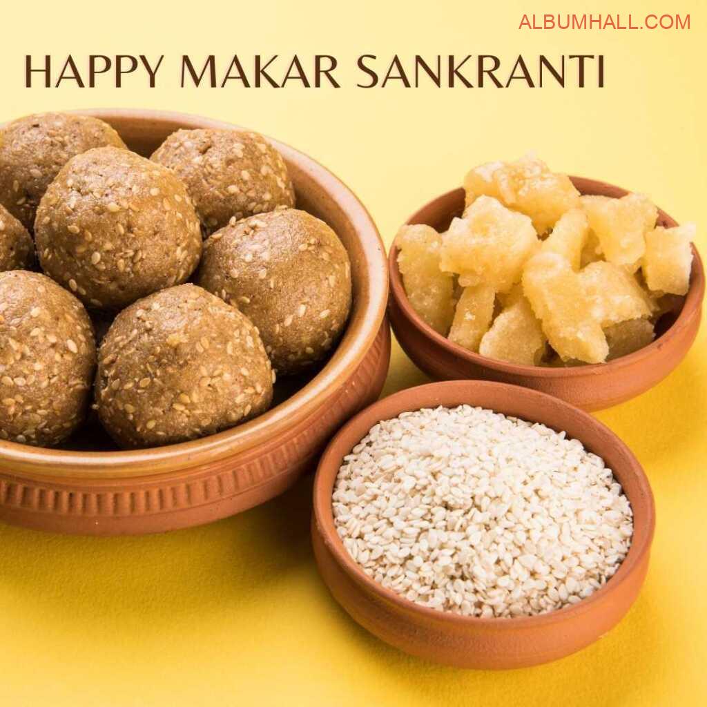 Sankrant special items like matka, ladoo and jaggery on a decorated table