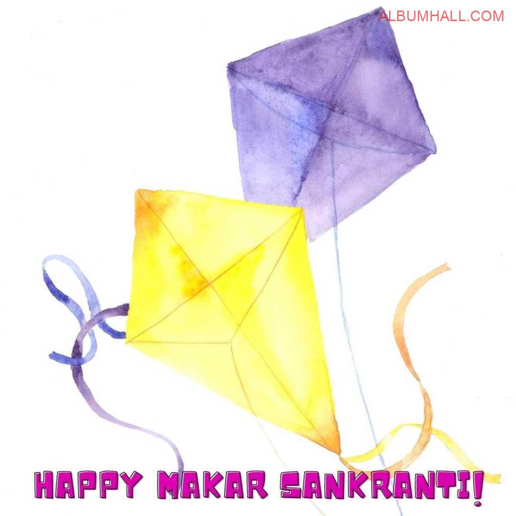 Purple and yellow kites wishing sankranti