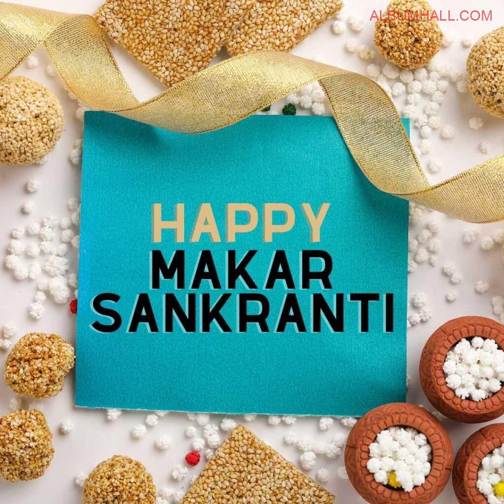 Sankrant special items like sesame seeds, ladoos, gachak decorated with golden ribbon on table