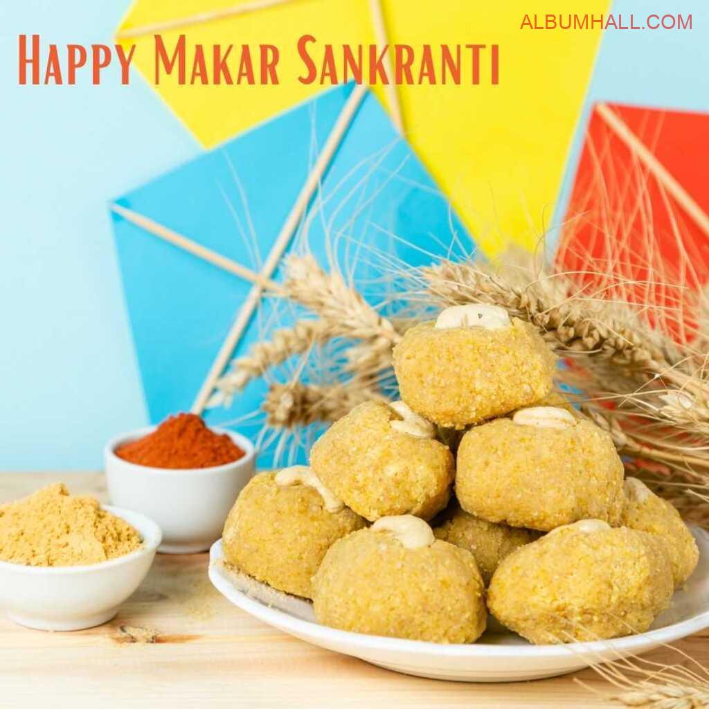 Sankrant special items like kaju ladoos, colors and crop with kites on table