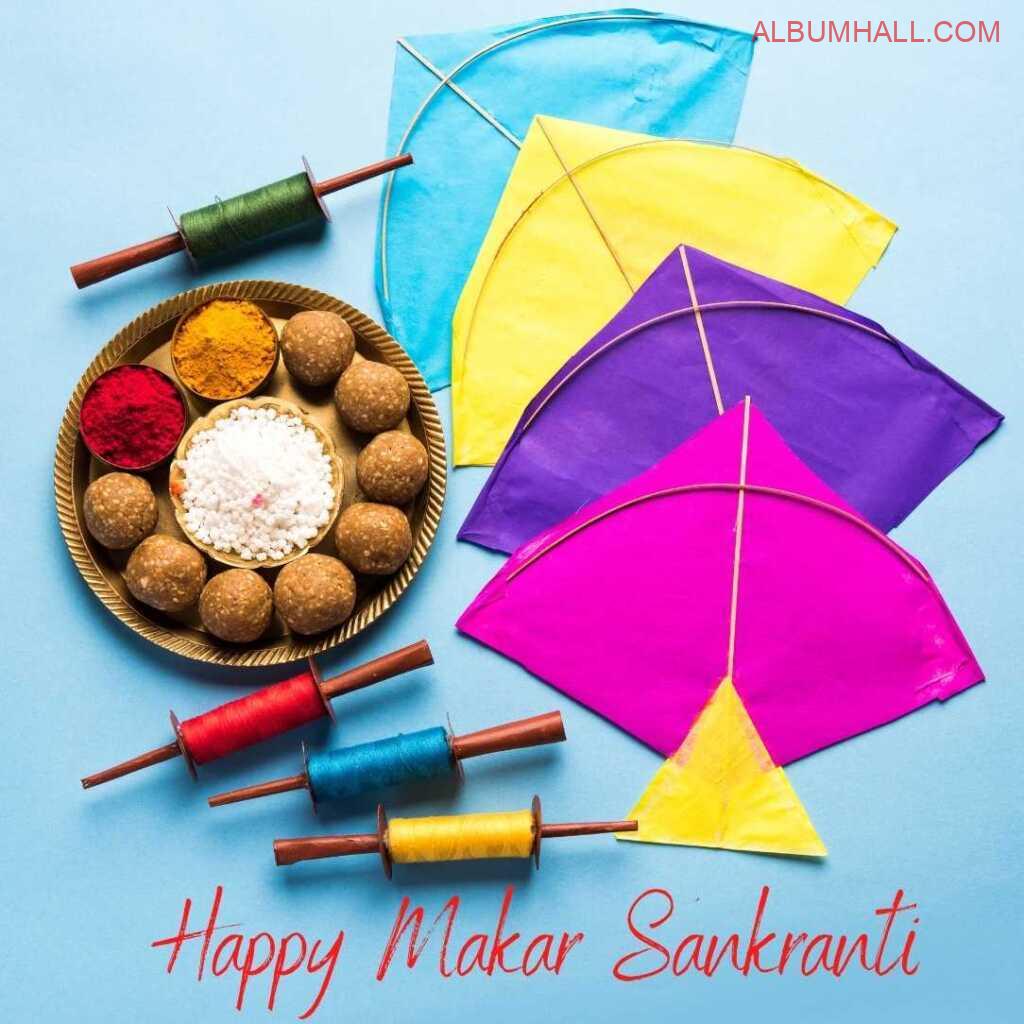Sankrant sweet ladoos with four kites multiple colors threads